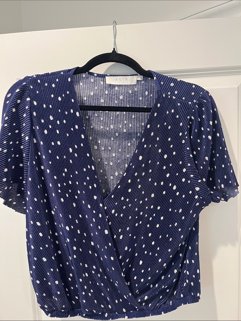 ASTR Navy Blue Polka Dot Wrap Blouse